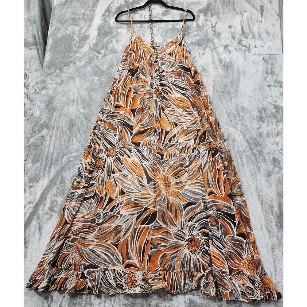 Derek Heart Dress Womens L Orange Brown Floral Cotton Maxi Ruffle Hem Casual